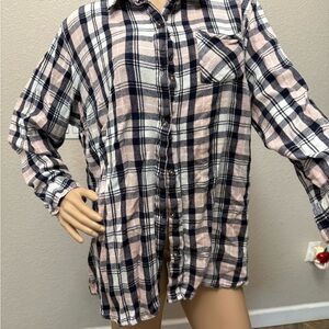 Ava & Viv Plaid Button Down Shirt - Pink, Black, White